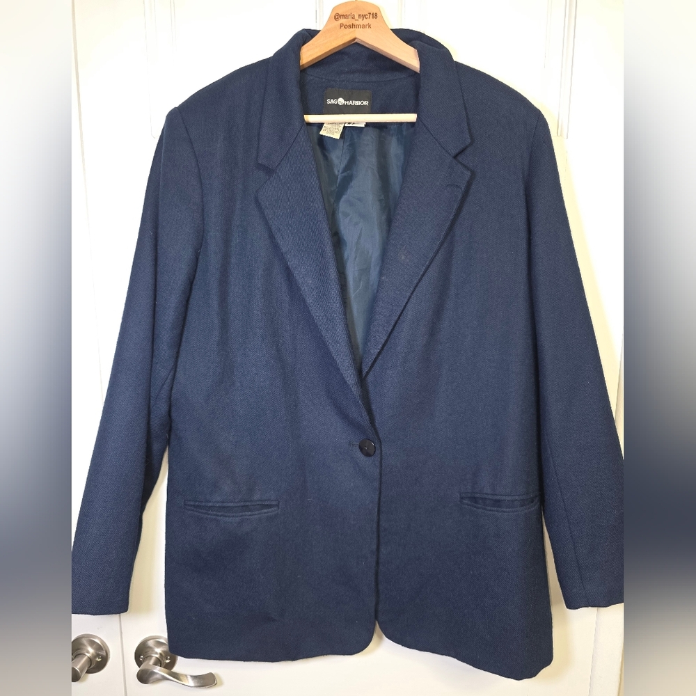 Vintage 90s Sag Harbor 100% Wool Blazer- Women's Plus Size 18 Navy Blue
